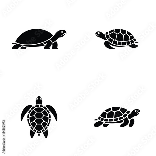 Four Black Turtle Silhouette Variations Land Turtle, Sea Turtle, Top View Turtle