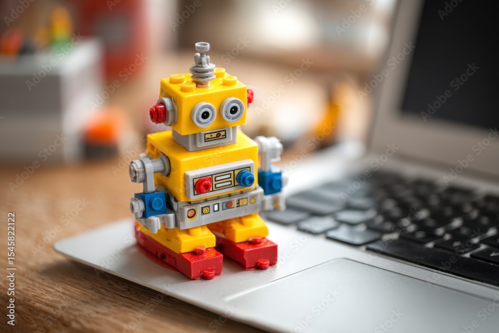 Yellow Robot Toy on Silver Laptop Yellow Robot Toy on Silver Laptop