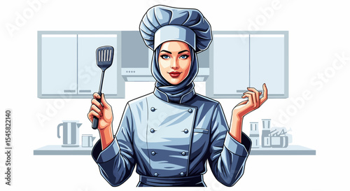 Adobe illustrator artwork vector illustration of a skilled chef woman wearing a hijab and toque, holding a spatula in a modern kitchen, representing culinary expertise and diversity