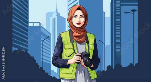Adobe illustrator artwork vector illustration of a confident female photographer wearing a hijab and vest, holding a camera in a city skyline, symbolizing creativity and modern professionalism
