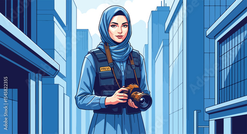 Adobe illustrator artwork vector illustration of a confident female photographer wearing a hijab and vest, holding a camera in a city skyline, symbolizing creativity and modern professionalism
