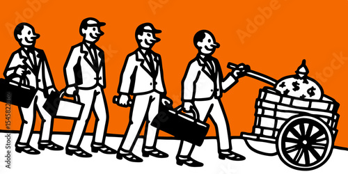 Business Cartel Concept Wealthy Men Walking With Briefcases One Pulling a Cart Full of Money Cartoon Illustration