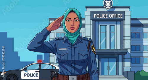 Adobe illustrator artwork vector illustration of a confident female police officer wearing a hijab and uniform, saluting in front of a police station with a patrol car, symbolizing law enforcement