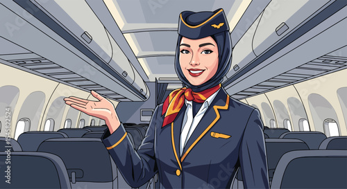 Adobe illustrator artwork vector illustration of a friendly flight attendant wearing a hijab and uniform inside an airplane cabin, ready to assist passengers with a welcoming gesture