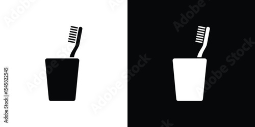 Toothbrush in a Glass Cup Black and White Isolated Dental Care Icon