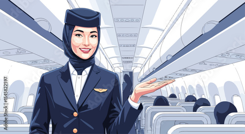 Adobe illustrator artwork vector illustration of a friendly flight attendant wearing a hijab and uniform inside an airplane cabin, ready to assist passengers with a welcoming gesture