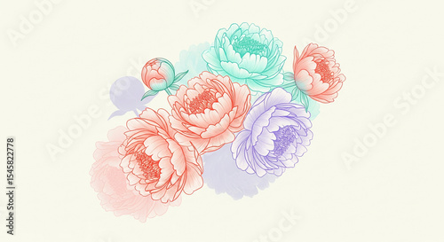 Soft pastel floral illustration of peonies and ranunculus