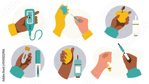 Medical devices for diabetes control. Collection of monitoring tools, insulin delivery systems, and diabetic drugs. Flat vector illustration.