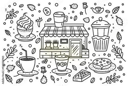 Cafe scene, outlined in black ink.  Various drinks, pastries, and plants