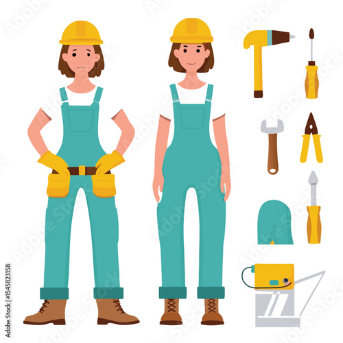 Professional engineer character in uniform with safety helmet holding tools. Full body front, side, and back views. Poses and body part set for animation. Vector illustration.