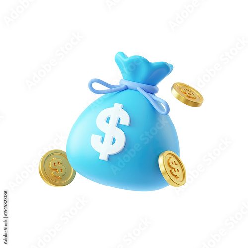 Blue money bag with gold coins illustration for finance investment and wealth management concept design