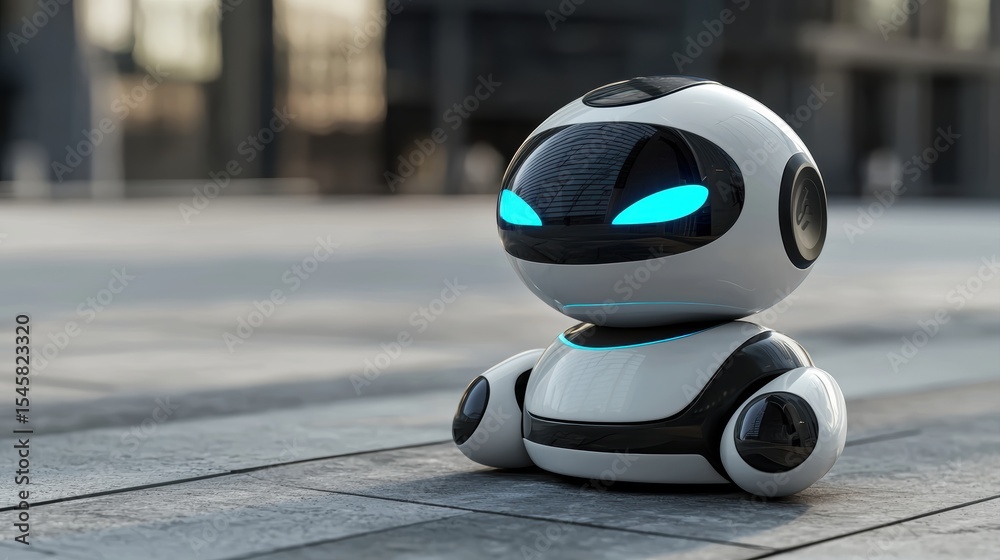 Fototapeta premium A small, futuristic white and black robot with glowing blue eyes sits on a paved surface in an urban setting, AI network workplace
