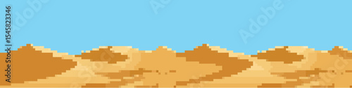 Pixel desert background vector, designed with a retro, 8-bit aesthetic. Ideal for game landscapes, digital scenery, wilderness themes, or vintage adventure designs.