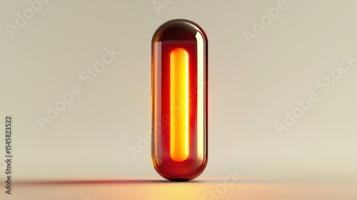 A glowing, vertical neon light enclosed in a sleek, reflective capsule with a minimalist background, AI network workplace