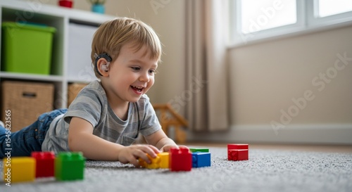 Joyful toddler with hearing aid plays with colorful building blocks on the floor