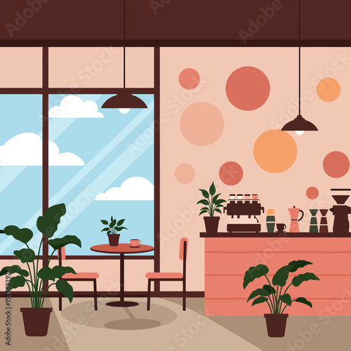 A flat, minimalistic illustration of a cozy cafe interior with no gradient colors, using only solid, bold tones. The scene features large floor-to-ceiling windows with a bright blue sky and white clou
