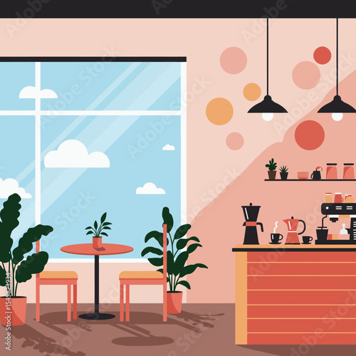 A flat, minimalistic illustration of a cozy cafe interior with no gradient colors, using only solid, bold tones. The scene features large floor-to-ceiling windows with a bright blue sky and white clou