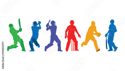 Dynamic Cricket Players Silhouettes Colorful Vector Illustration of Cricket Action