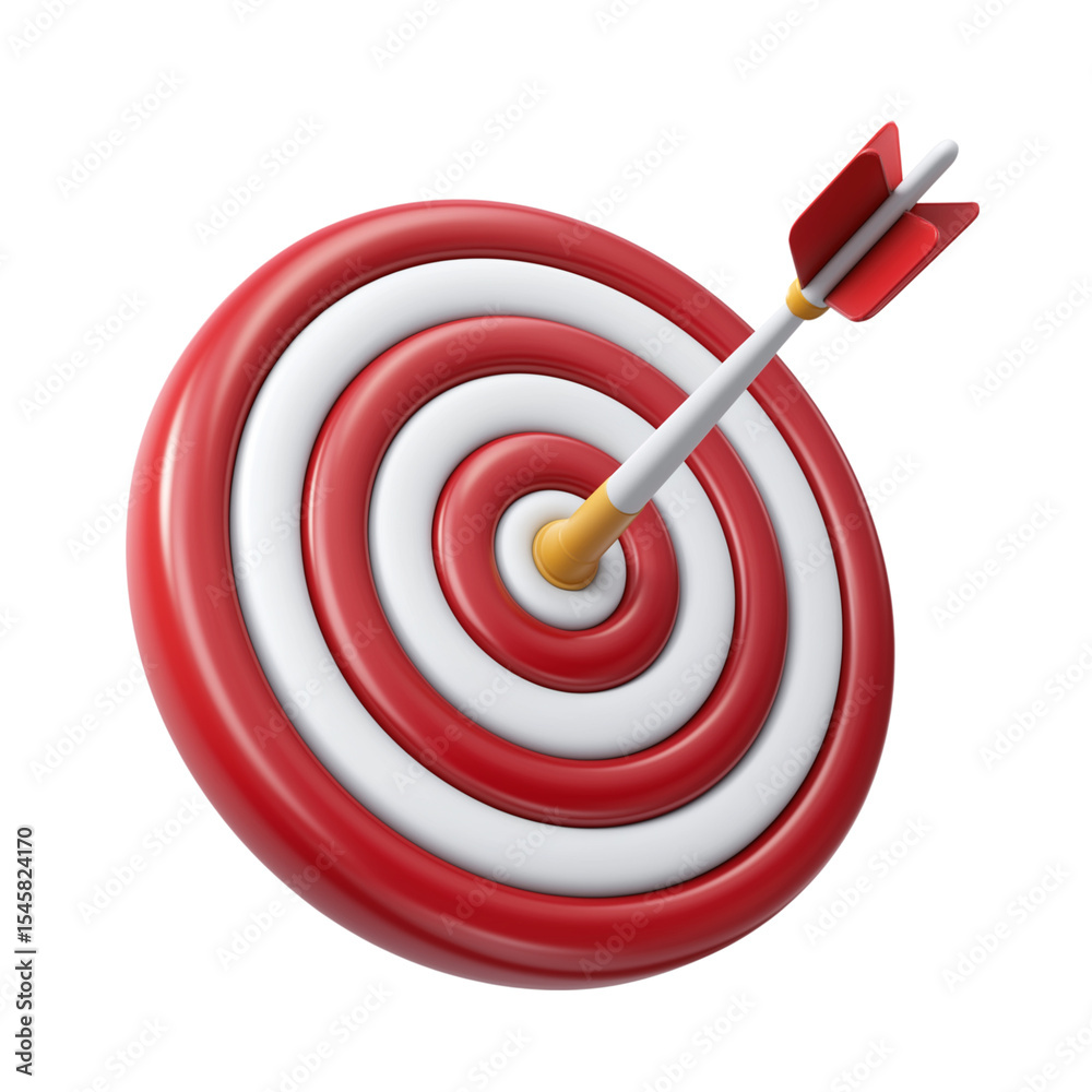 Target arrow success icon. Dart arrow on target dartboard. 3d isolated on white background. Cartoon plastic style Target arrow success icon. Dart arrow on target dartboard. 3d isolated on white background. Cartoon plastic style