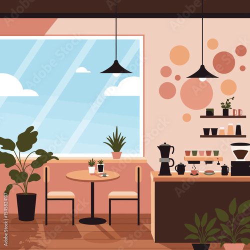 A flat, minimalistic illustration of a cozy cafe interior with no gradient colors, using only solid, bold tones. The scene features large floor-to-ceiling windows with a bright blue sky and white clou