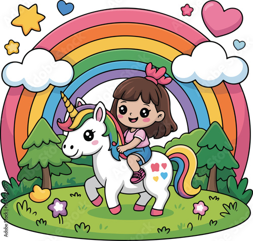 Unicorn Ride in a Magical Wonderland A charming cartoon depicts a little girl riding a majestic unicorn