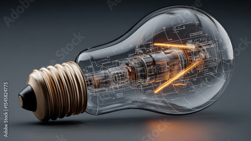 A sleek, modern lightbulb rendered in a high-tech design style, featuring sharp lines, glowing elements, and futuristic aesthetics. Generative AI