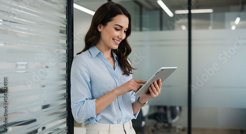 Free Download Brunette businesswoman using a tablet against a backdrop of frosted office glass partitions.
 - GFXLoad