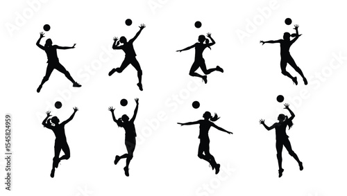 Dynamic Silhouettes of Female Volleyball Players in Action A Set of Eight Powerful Poses