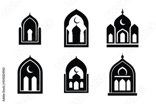 Set of islamic architecture icons in black and white with crescent moon symbols