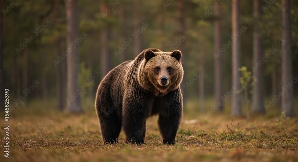Fototapeta premium Majestic Brown Bear Stares Intently in Forest Clearing, Finland, Europe