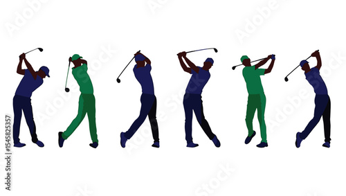Golf Swing Sequence Dynamic Silhouettes of Golfers in Action.  Perfect for Sports Websites, Articles, or Design Projects. High-Resolution Vector Illustration.
