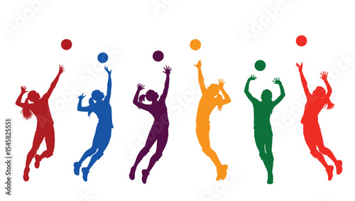 Dynamic Volleyball Players Silhouettes Colorful Action Shots of Women's Volleyball