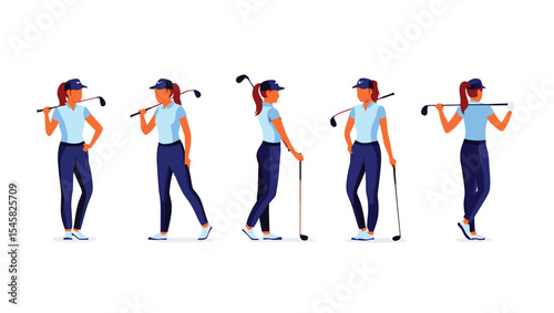 Female Golfer Poses Diverse Illustrations for Golf Websites, Articles, and Marketing Materials