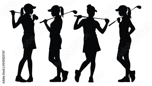 Silhouette Collection Four Female Golfers Poses, Sporty Athletic Women Golfing Illustrations