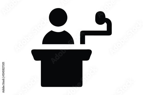 Simple black icon depicting a speaker at a podium giving a public presentation