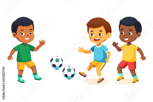 Happy diverse boys playing soccer together