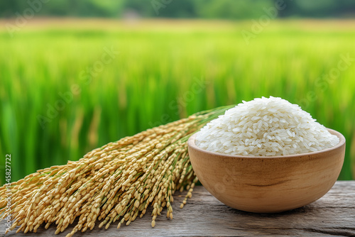 Bundles of freshly harvested golden rice stalks next to a bowl of white rice
