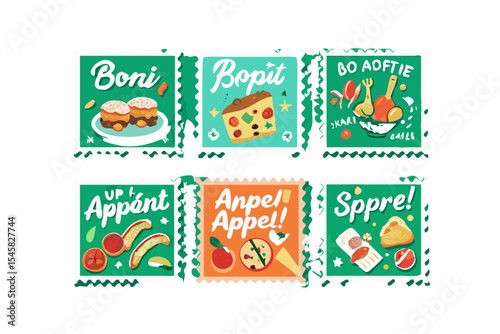 Six illustrated food stamps with various dishes