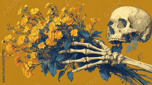Skeletal hand holding bouquet where bones transform into stems, dark floral aesthetic, sunny yellow background