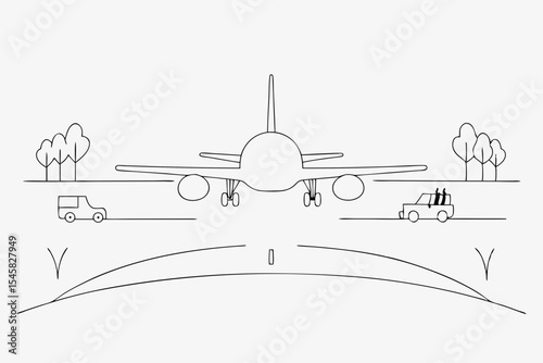 Airplane landing on a runway, minimalist line art, grayscale, for safety presentations