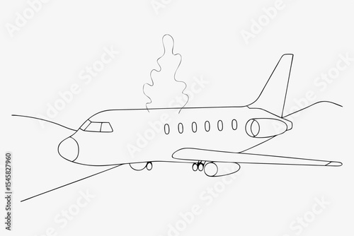 Airplane emergency landing, line art illustration, monochrome, for safety training