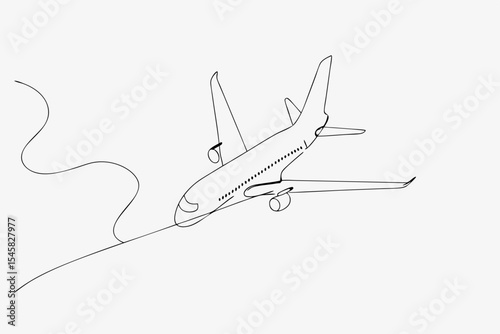Airplane landing illustration, one line art style, monochrome, for aviation design