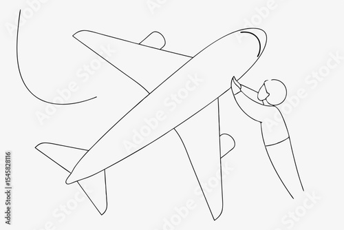 Person guiding airplane to landing, minimalist line art, grayscale, for safety awareness campaigns