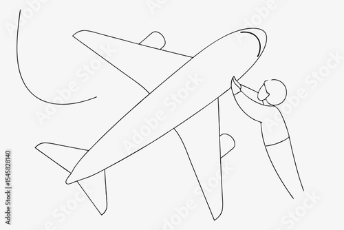 Person guiding airplane to safe landing, minimalist line art, grayscale, for safety awareness campaigns