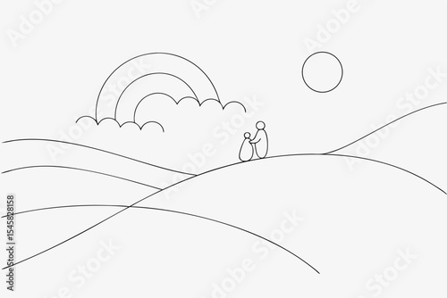 Hopeful figures on a hilltop, minimalist line art, with copy space