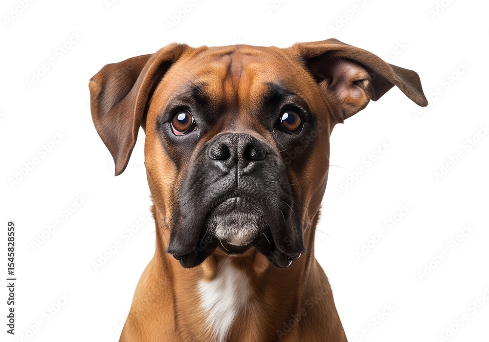 Obraz premium Brown boxer dog with curious expression on white background 