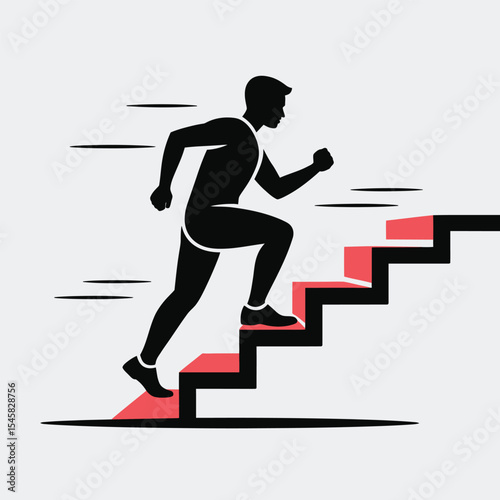 Man Running Up Red and Black Stairs Progress Concept