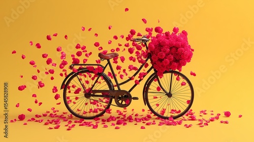 Vintage bicycle with blooming red roses replacing wheels, petals floating in air, sunny yellow background