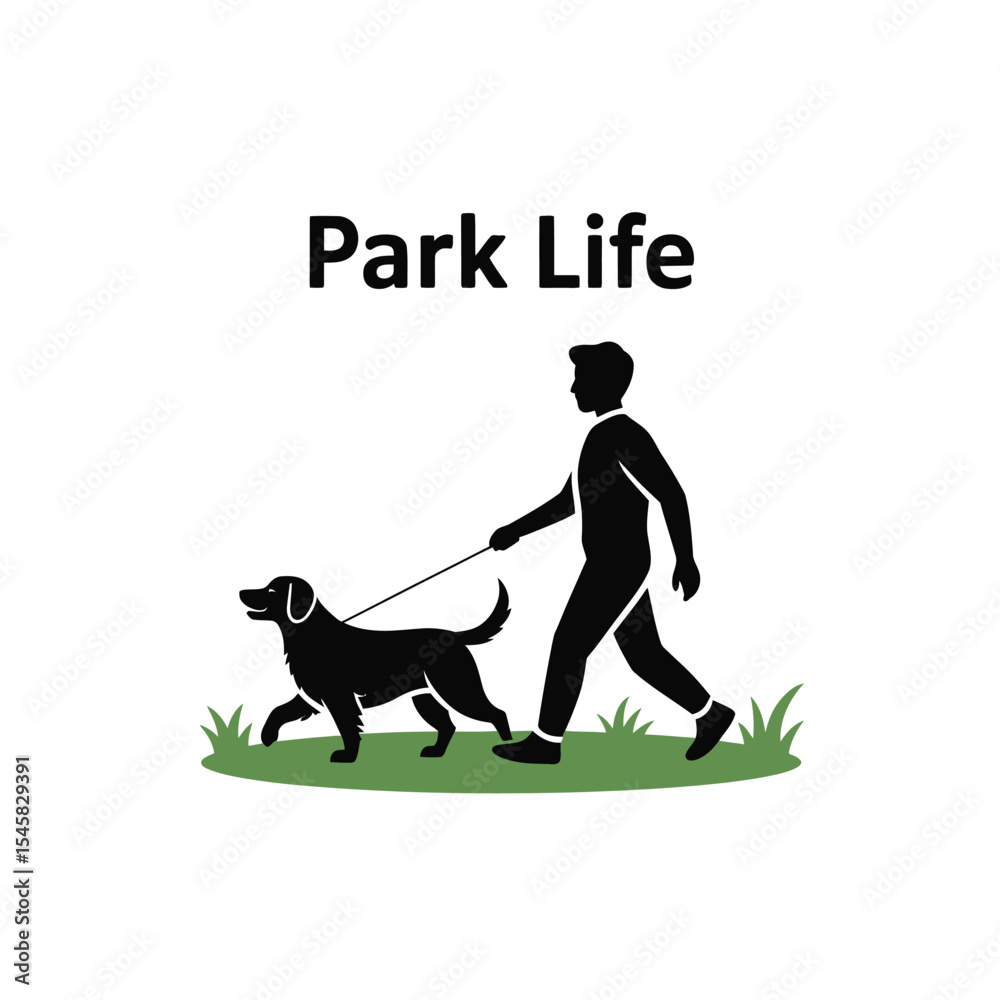 Naklejka premium Man Walking Dog in Park Black Silhouette Green Grass 1