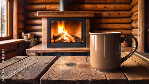 Place the mug on an aged wooden table inside a rustic log cabin, with a fireplace in the background and warm sunlight entering through a wooden-framed window.
